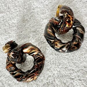 Vintage Handmade Black Brown & Gold Swirl Resin Hoop Clip On Earrings